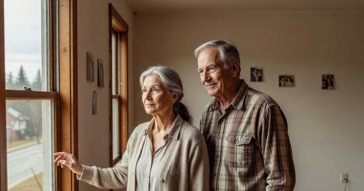 An older couple standing in the empty living room of their long-time family home, the woman resting her hand on a window frame, illustrating downsizing from the family home in Canada.