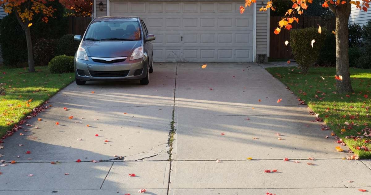 A suburban double driveway with a single small car parked and an empty space beside it, illustrating dropping the second car in a Canadian household.