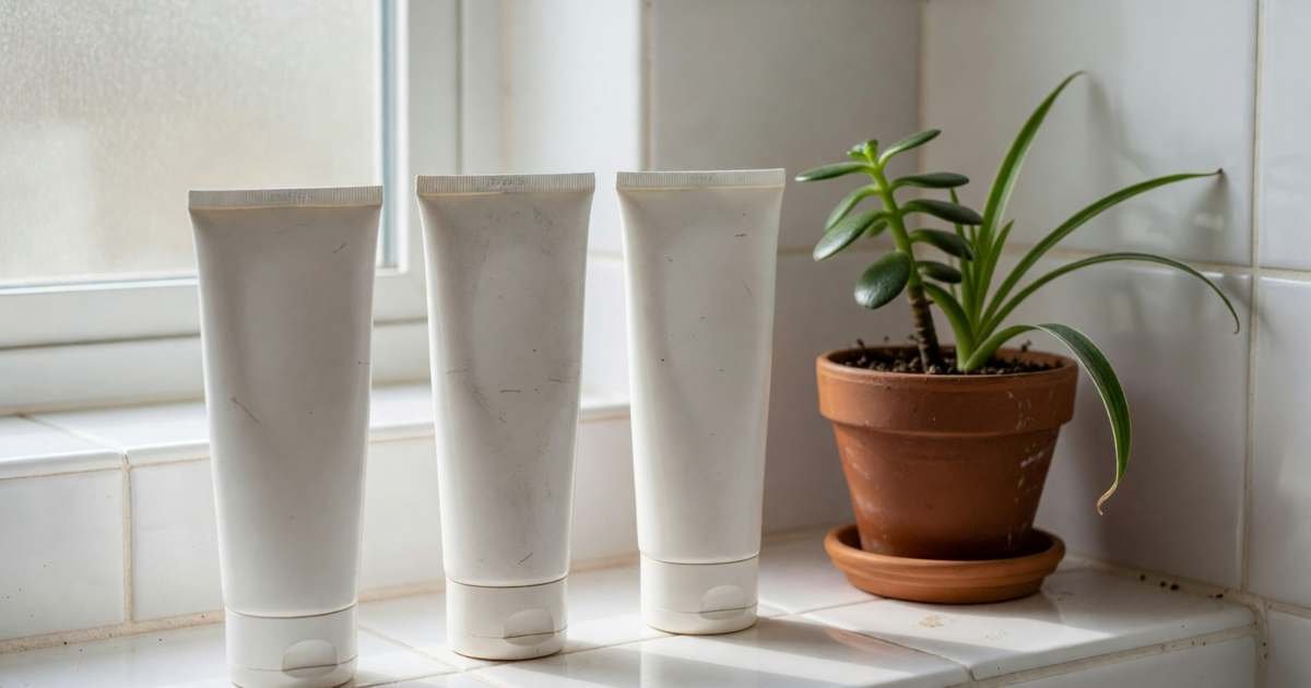 A simple three-step skincare routine, a cleanser, a moisturiser and a sunscreen tube, on a bathroom shelf, illustrating a drugstore skincare routine for less.
