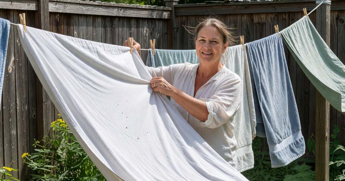 A woman pegging laundry on a backyard clothesline on a breezy sunny day, illustrating clothes dryers, heat-pump dryers and line-drying in Canada.