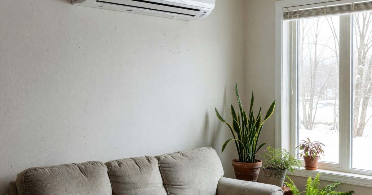 A white ductless mini-split heat pump head mounted high on the wall of a bright living room, illustrating ductless mini-split heat pump costs for Canadian homes.