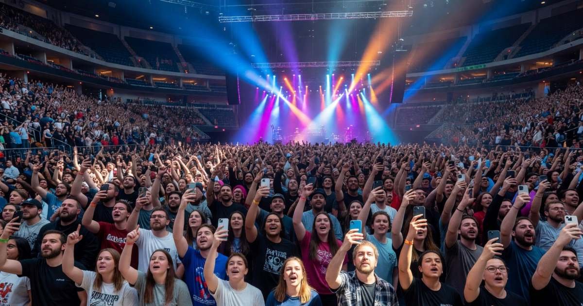 A large concert crowd in an arena under coloured lights, illustrating dynamic pricing for concert tickets.