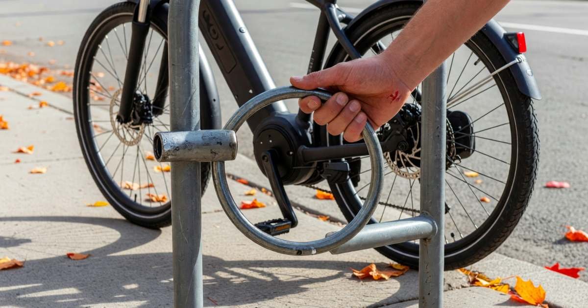 Hands locking an e-bike frame to a steel bike rack with a heavy U-lock, illustrating protecting an e-bike with locks, registration and insurance.