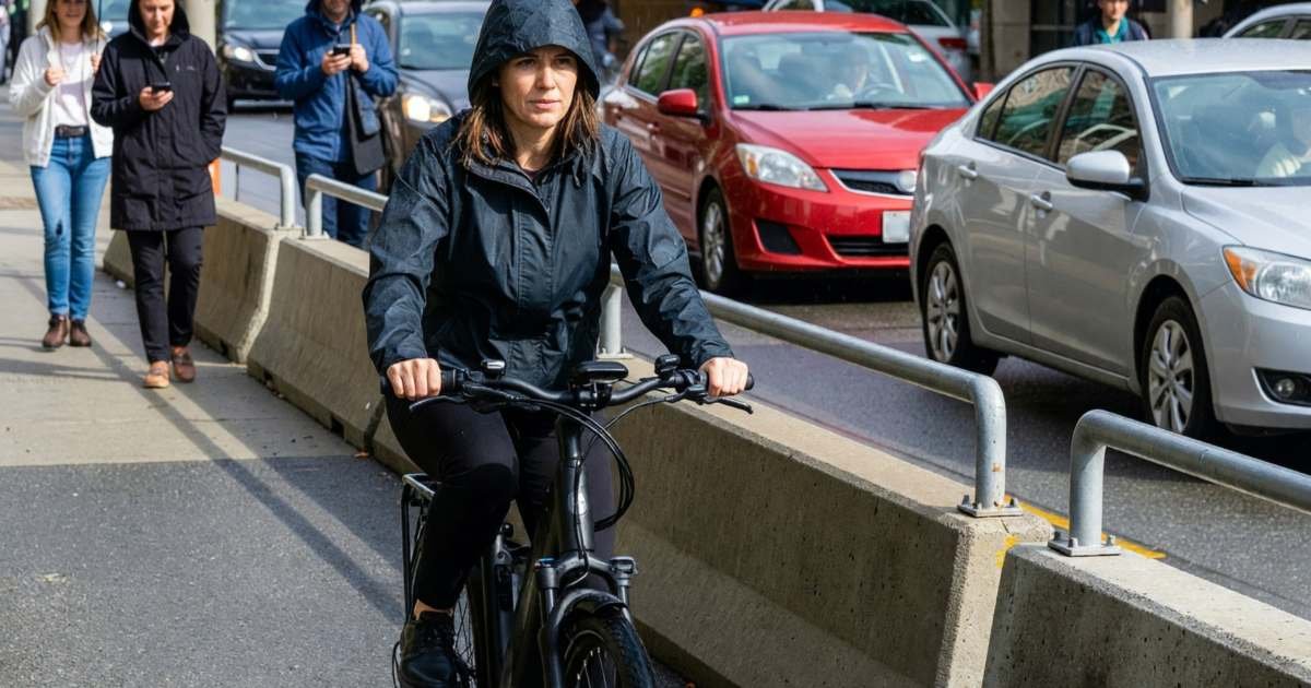 A woman in a rain jacket riding an e-bike along a protected bike lane, illustrating e-bike versus transit pass costs in Canadian cities.