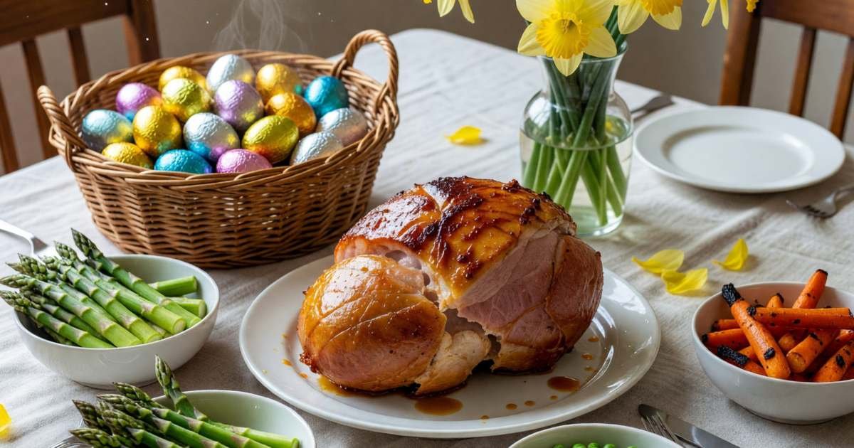 An Easter dinner table with a glazed ham, spring vegetables and a basket of chocolate eggs, illustrating Easter budget for 2027.