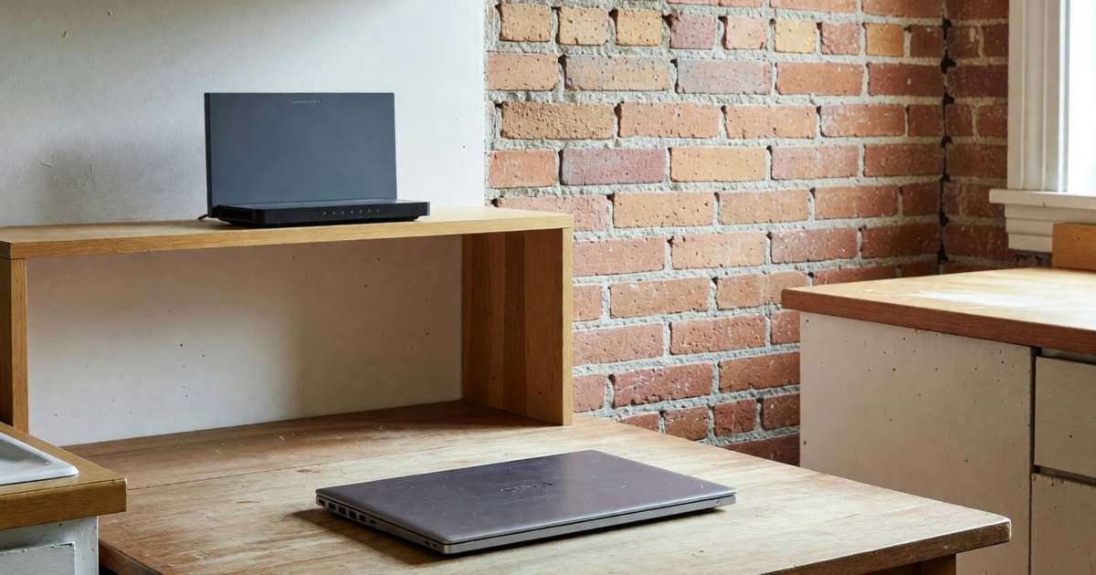 A bright Québec apartment kitchen with a laptop closed on the table and a plain router on a shelf, illustrating Ebox internet in Québec.