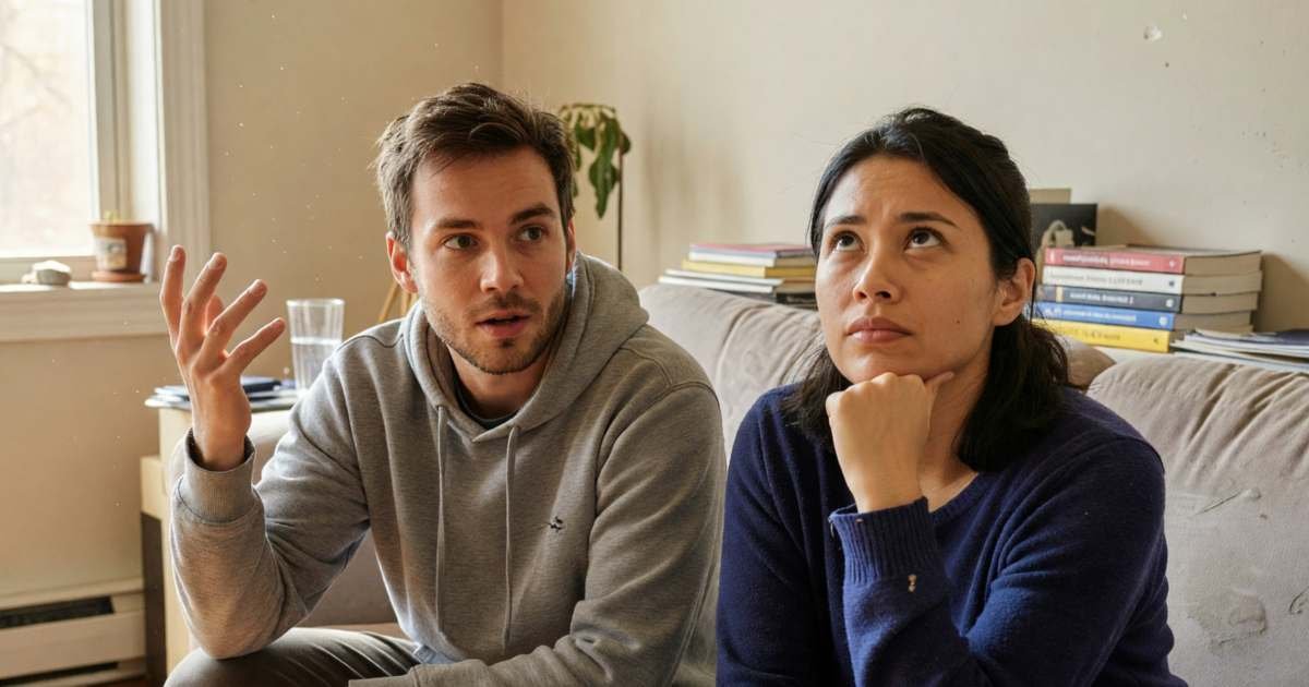 Two roommates on a couch comparing internet options, one gesturing while the other thinks, illustrating Ebox versus Bell in Ontario and Québec.