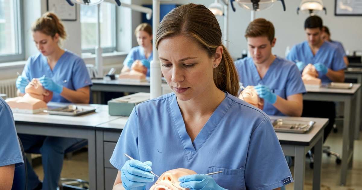 A woman in her thirties in a dental assistant training lab practising on a model, illustrating EI and going back to school.
