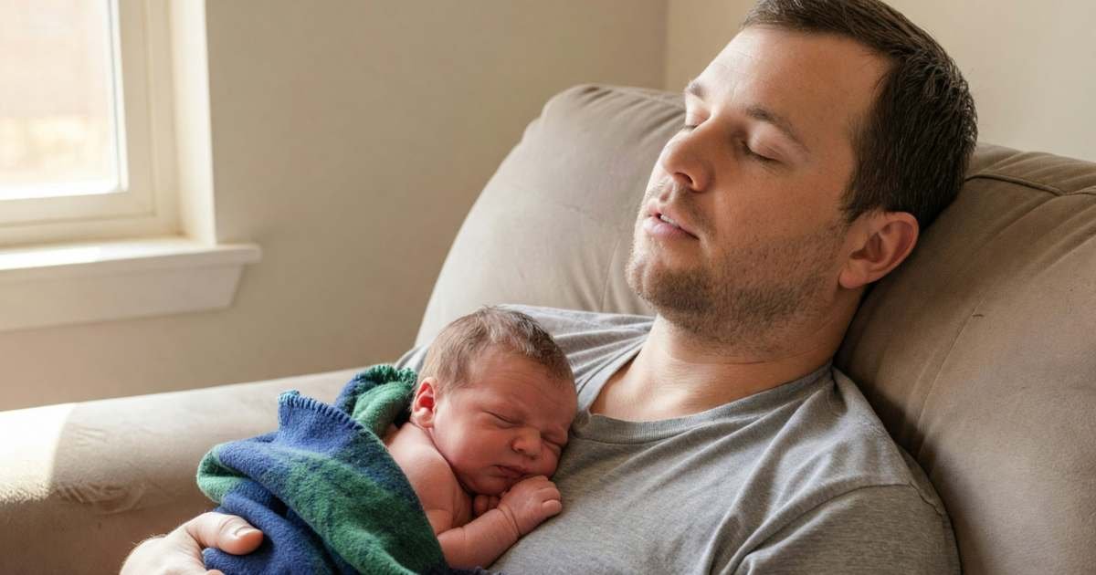 A father holding his newborn on his chest on a sofa, eyes closed, illustrating EI maternity and parental benefits.