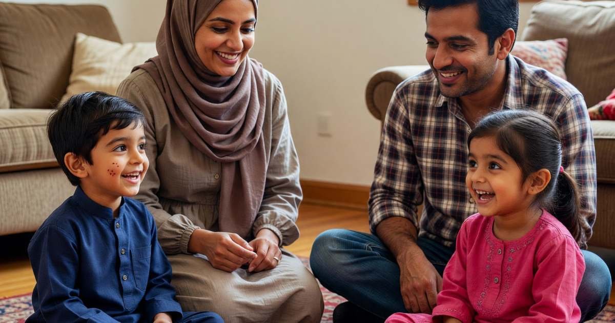A family sharing a festive meal on a large rug for Eid, children in new clothes, illustrating planning Eid budgets in 2027.