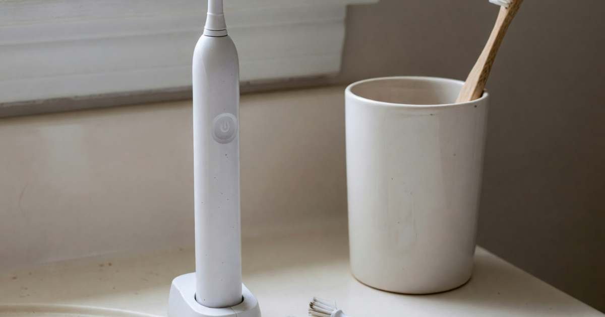 An electric toothbrush on its charger next to spare brush heads and a manual toothbrush in a cup, illustrating electric toothbrush and replacement head costs.