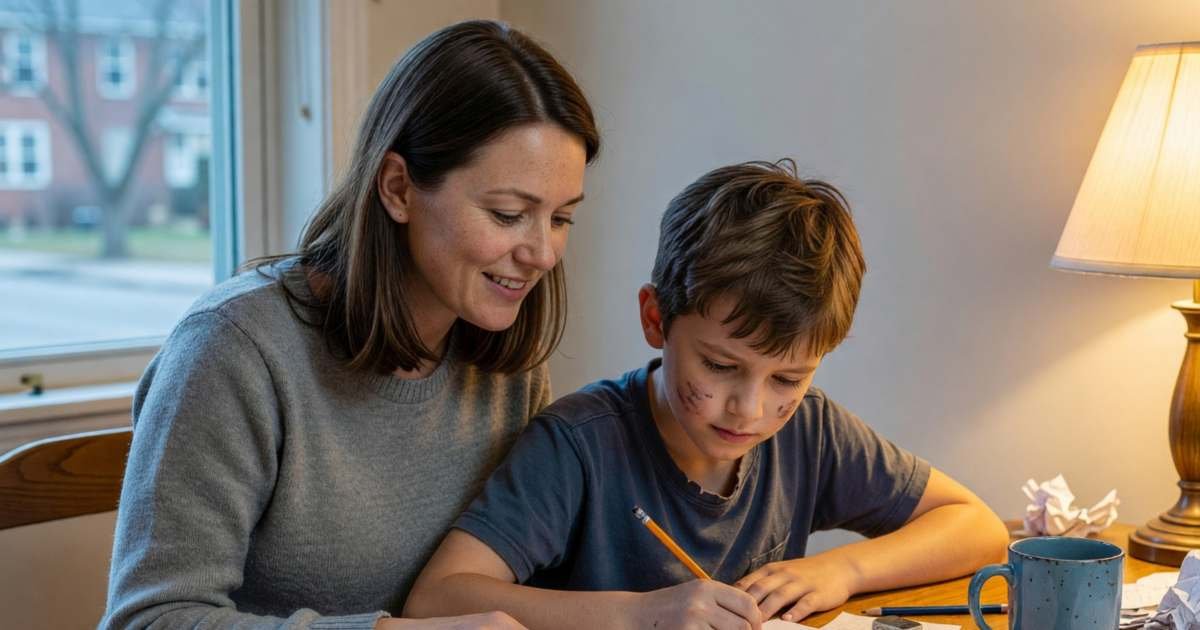A single mother helping her son with homework at a kitchen table, illustrating the eligible dependant credit for single parents.