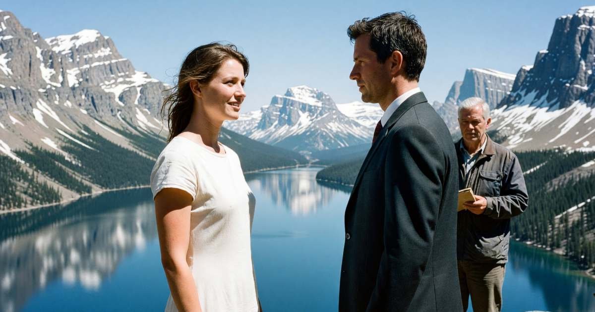 A couple eloping on a mountain lookout, the bride in a simple dress and the groom in a suit, with only an officiant present, illustrating elopement costs in Canada.