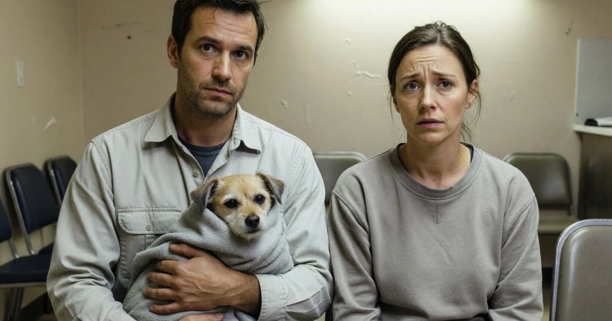 A worried couple at an emergency vet reception at night, the man holding a small dog wrapped in a blanket, illustrating emergency vet bills in Canada.