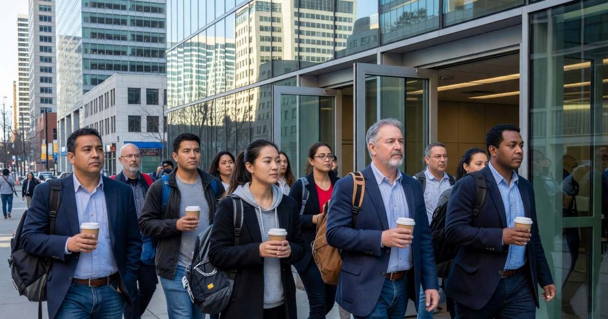 Office workers walking out of a subway station exit onto a downtown sidewalk in the morning, illustrating employer transit subsidies and taxable benefits in Canada.