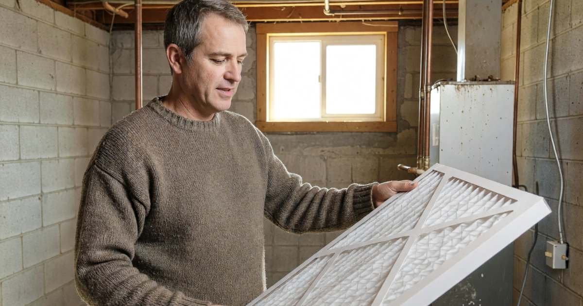 A man in a warm sweater standing by his gas furnace in the basement, holding a new furnace filter, illustrating why an Enbridge gas bill spikes and what Ontario households can change.