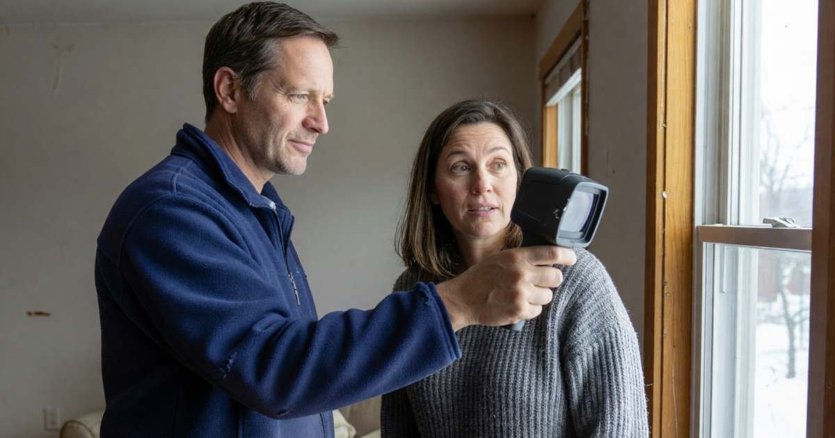 An energy advisor holding a small thermal camera pointed at a window frame while the homeowner looks on, illustrating what an EnerGuide home evaluation includes.