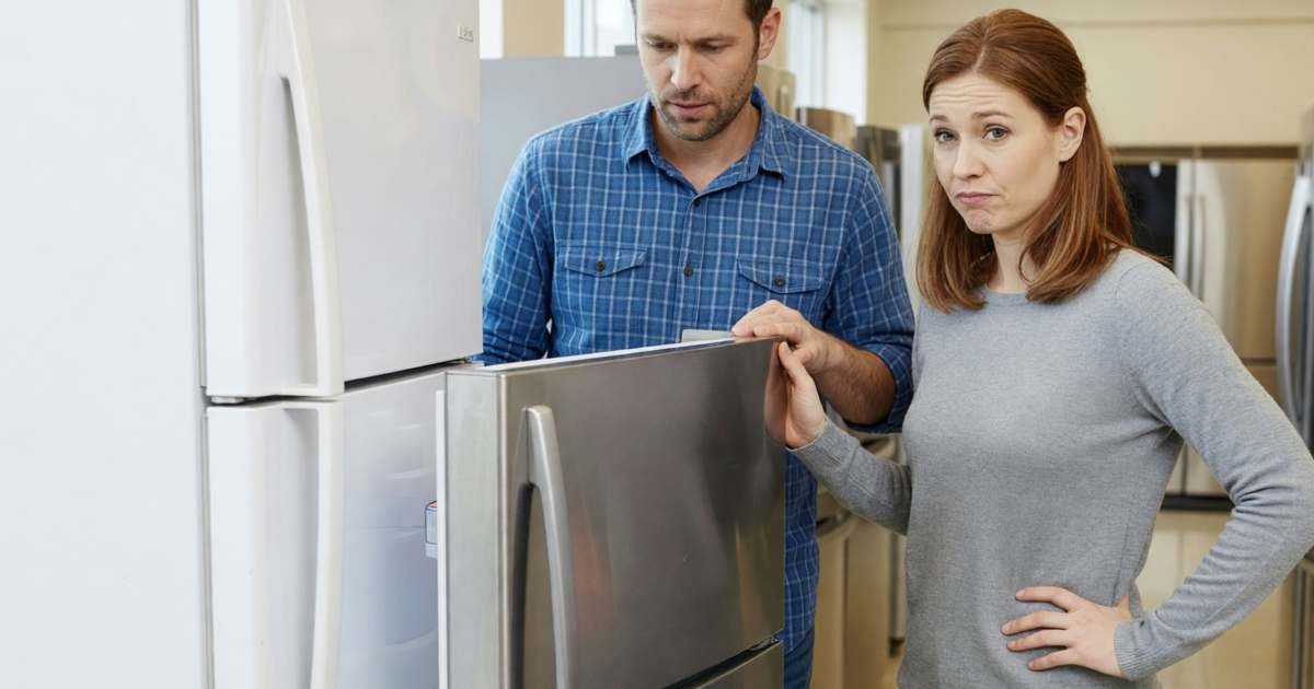 A couple comparing two refrigerators side by side in an appliance store, illustrating reading EnerGuide labels on appliances before you buy.