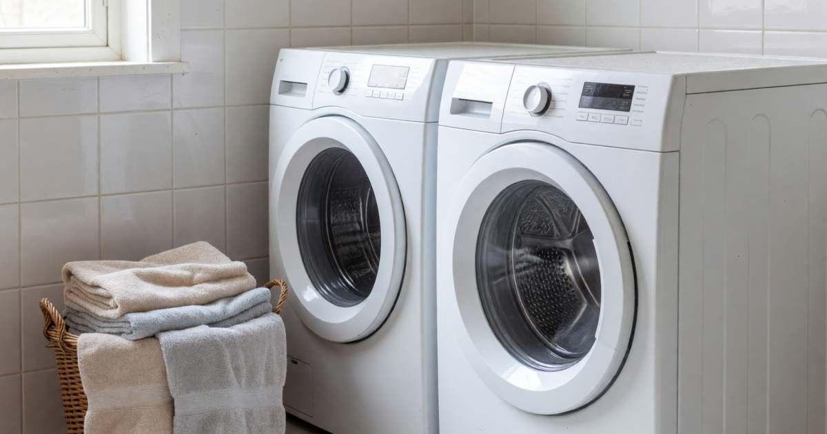 A new front-load washer and dryer in a bright laundry room, illustrating whether ENERGY STAR Most Efficient appliances are worth it.