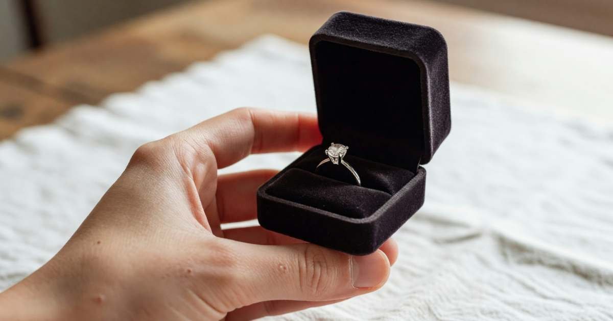 A hand holding an open ring box with a simple diamond engagement ring, illustrating engagement ring budget, lab-grown versus natural diamonds.