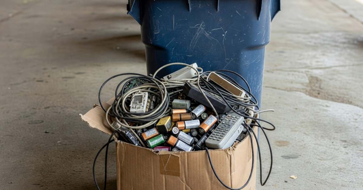 A cardboard box of old electronics, cables and batteries by a recycling depot bin, illustrating environmental handling fees on electronics in Canada.