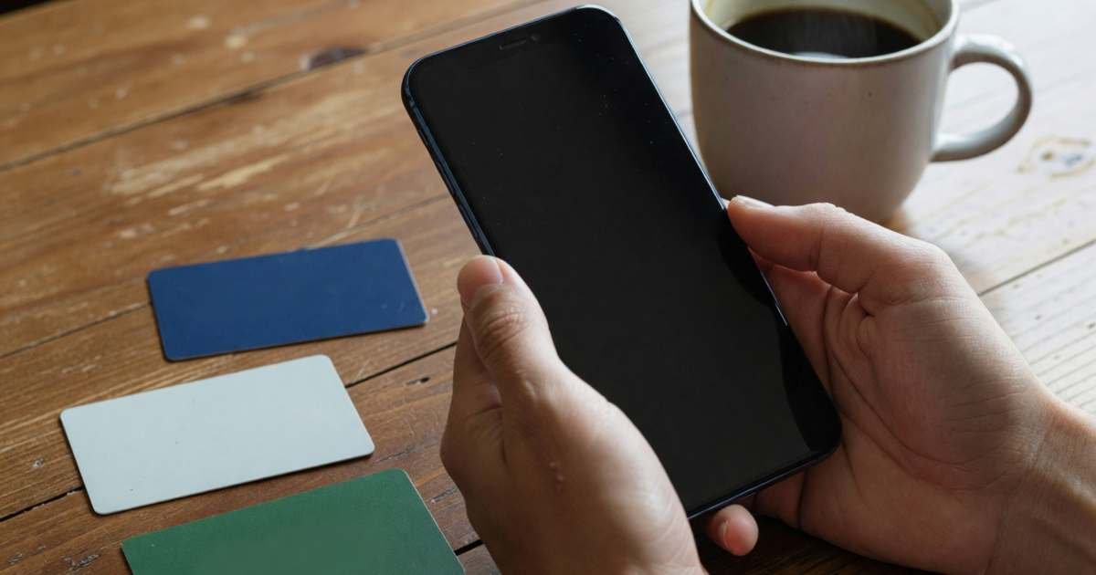 Close-up of hands holding a smartphone with a dark screen over a coffee table, three plain blank bank cards in different colours lying beside it, illustrating choosing between EQ Bank, Wealthsimple Cash and Tangerine.