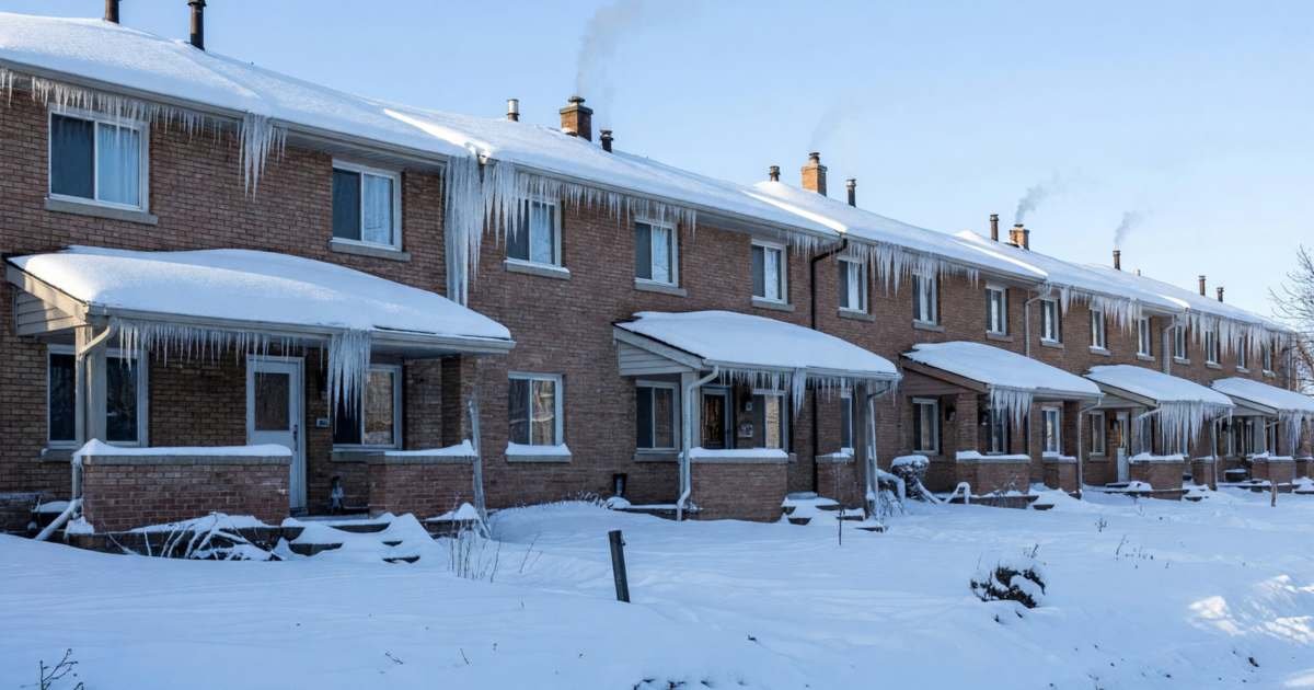 A row of identical townhouses under heavy snow with smoke from vents and long icicles, illustrating equal billing for Canadian utilities and cashflow.