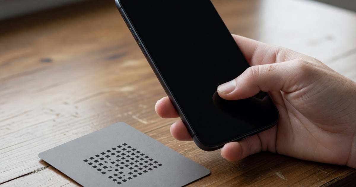 A hand holding a smartphone near a plain printed QR-like square pattern on a card, activating an eSIM, illustrating eSIMs in Canada.