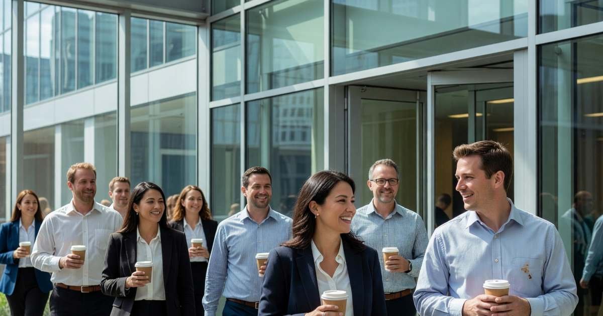 Employees walking into a modern office tower lobby in the morning with coffees, one woman smiling at a colleague, illustrating Canadian ESPPs and workplace purchase plans.