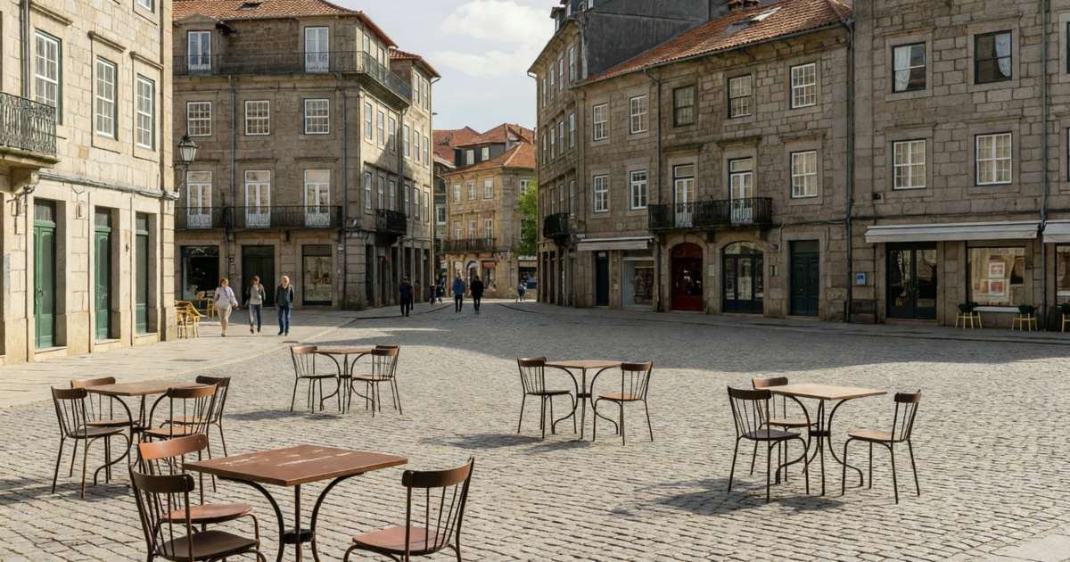 A quiet cobblestone square with café tables and few tourists in soft autumn light, illustrating travelling to Europe in shoulder season from Canada.