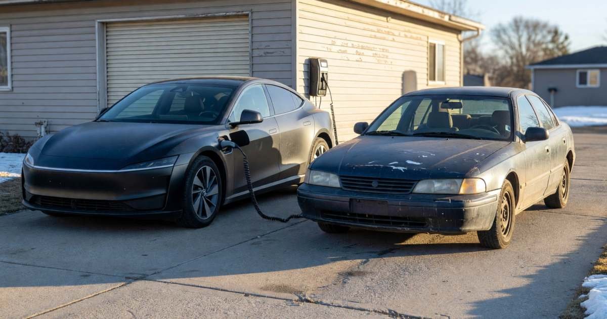 An electric car and a gas car parked side by side in a driveway, one plugged into a wall charger, illustrating EV versus gas commuting costs in Canada.