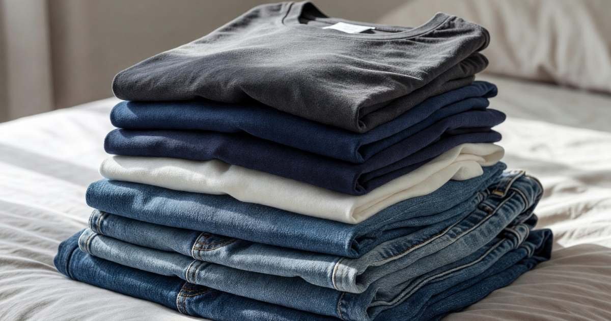 A neat stack of plain basic t-shirts and jeans folded on a bed in solid colours, illustrating everyday clothing basics with value.
