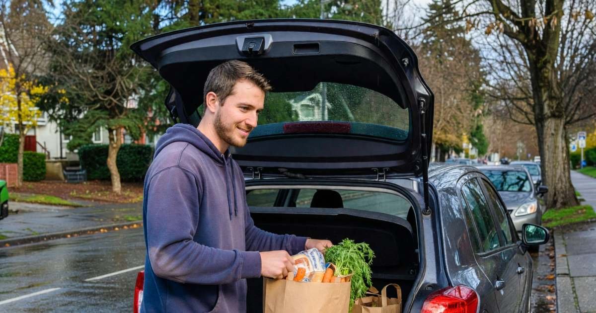 A young man loading groceries into the back of a small car-share car on a Vancouver street, illustrating Evo and Modo car-share versus car ownership in Vancouver.