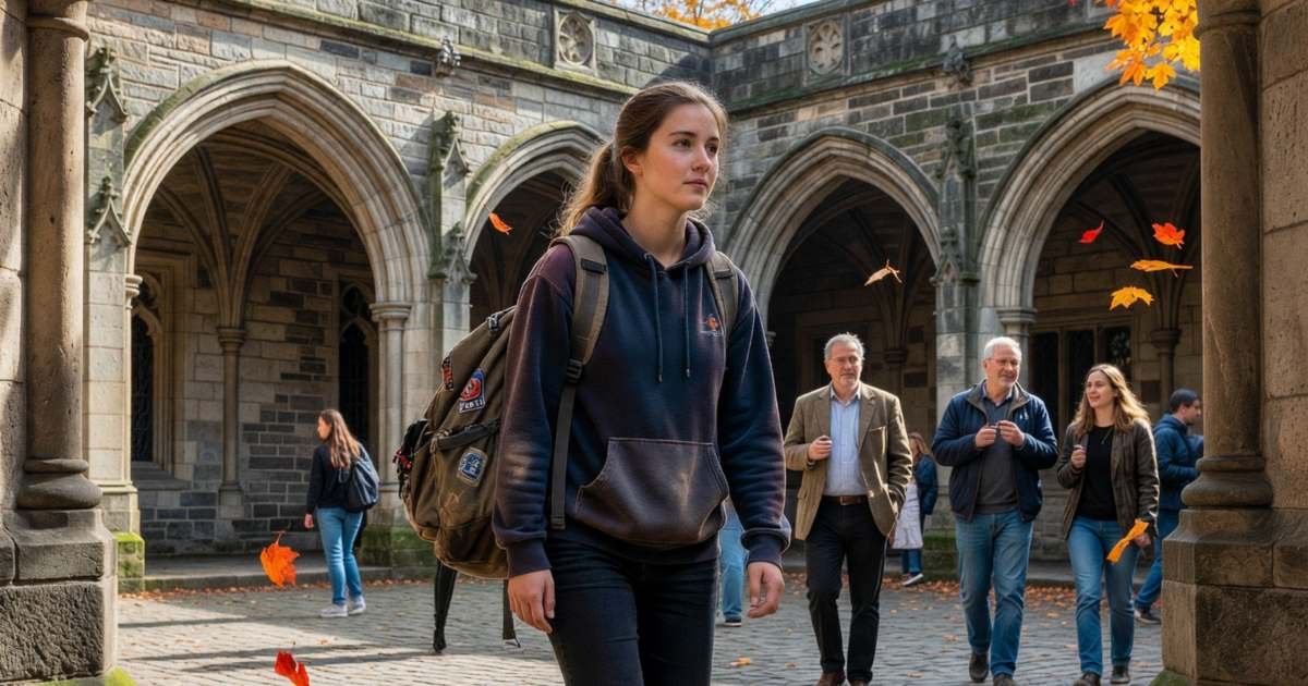 A Canadian student with a backpack walking through an old European university courtyard, illustrating exchange semester abroad costs.