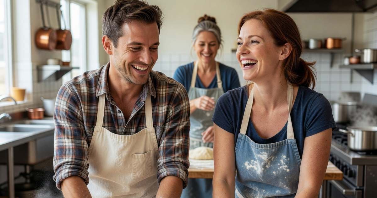 A couple taking a cooking class together, laughing as they knead dough, illustrating experience gifts that get used.