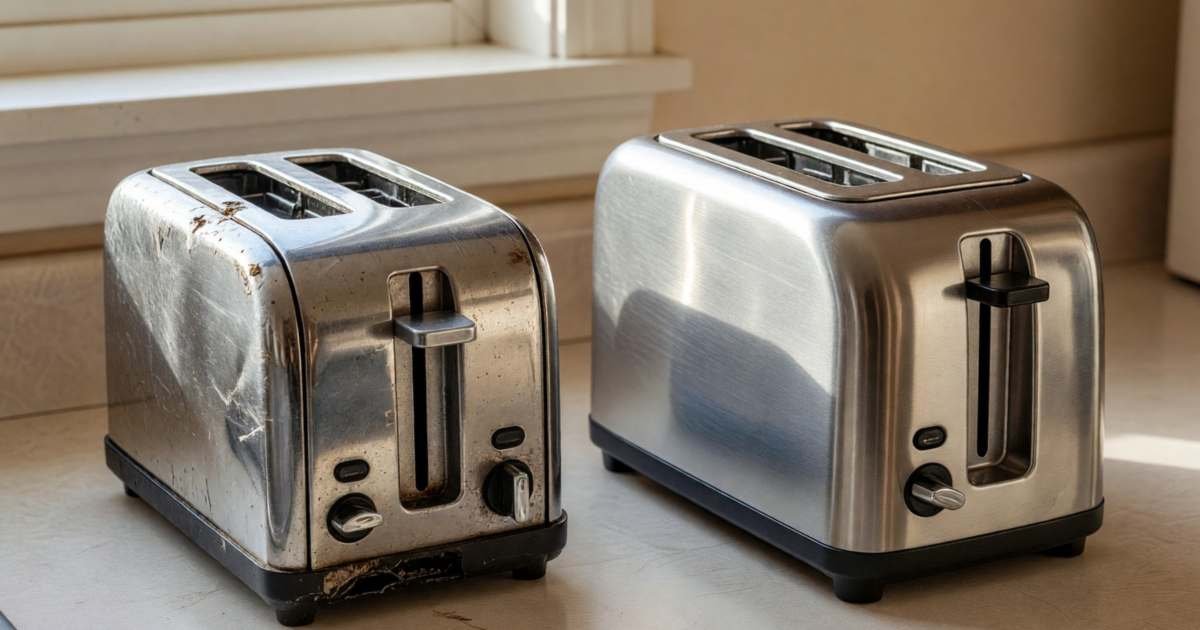 A broken toaster on a kitchen counter next to its new replacement, illustrating whether extended warranties are worth it in Canada.