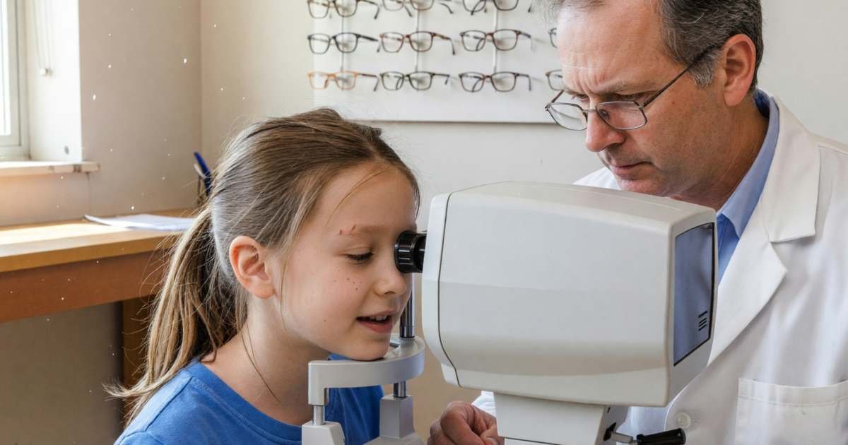A young girl looking into an eye exam machine while an optometrist adjusts it, illustrating eye exam coverage in Canada.