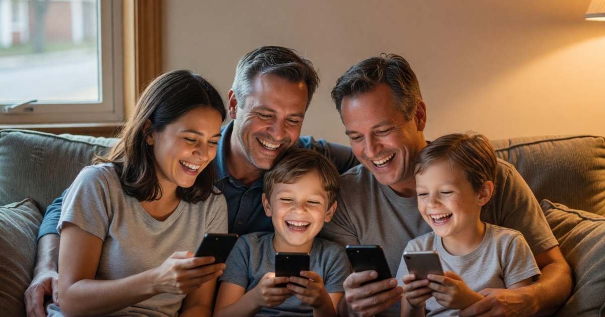 A family of four on a sofa each holding their own phone, laughing at something together, illustrating family phone plans in Canada.