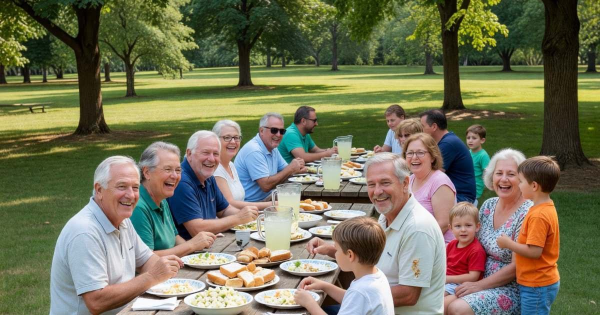 A big family reunion picnic in a park with several generations at long tables, illustrating family reunions and fair cost-splitting.