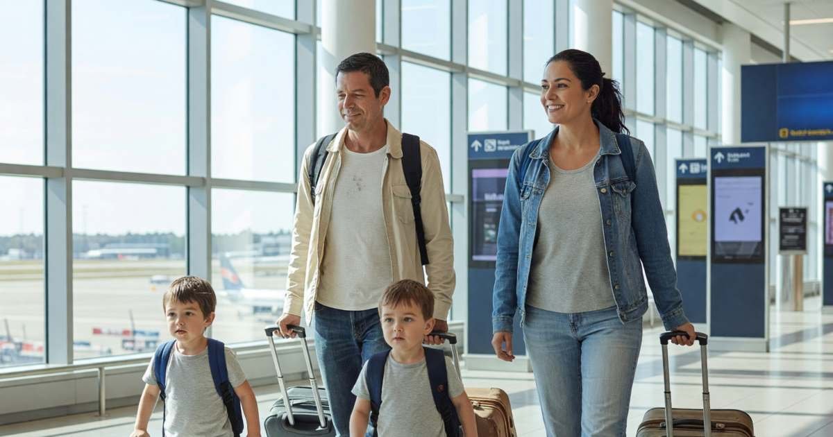 A family of four with suitcases walking through an airport terminal, the kids pulling small bags, illustrating family travel medical insurance in Canada.