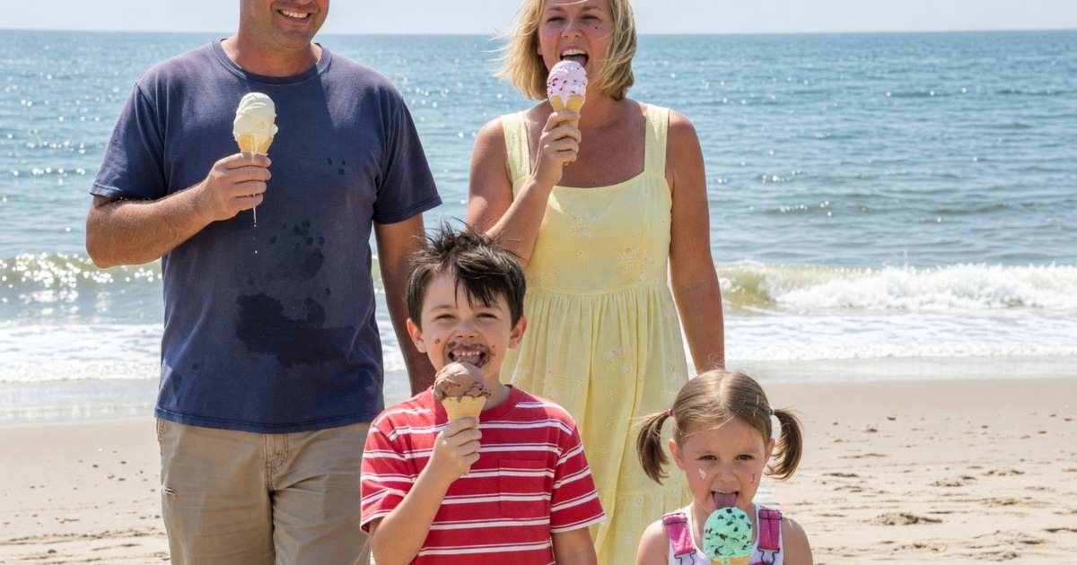A family of four walking along a beach boardwalk with ice cream cones, illustrating family vacation budgeting in Canada.