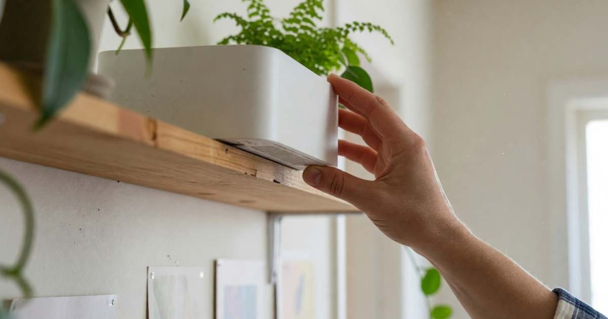 A hand repositioning a plain white router on a high shelf in an apartment hallway, illustrating getting faster Wi-Fi in a Canadian apartment without paying more.