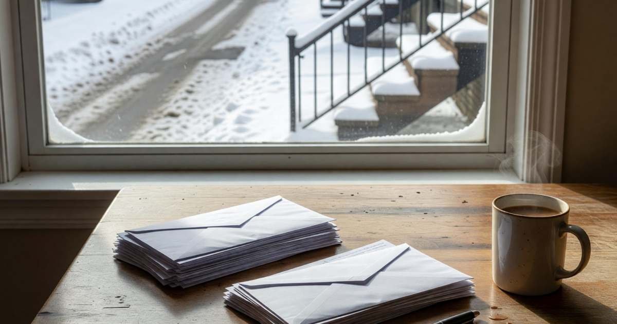 A kitchen table by a window with two separate neat stacks of tax slips and envelopes, a pen and a cup of coffee, illustrating filing federal and Quebec taxes without paying twice.