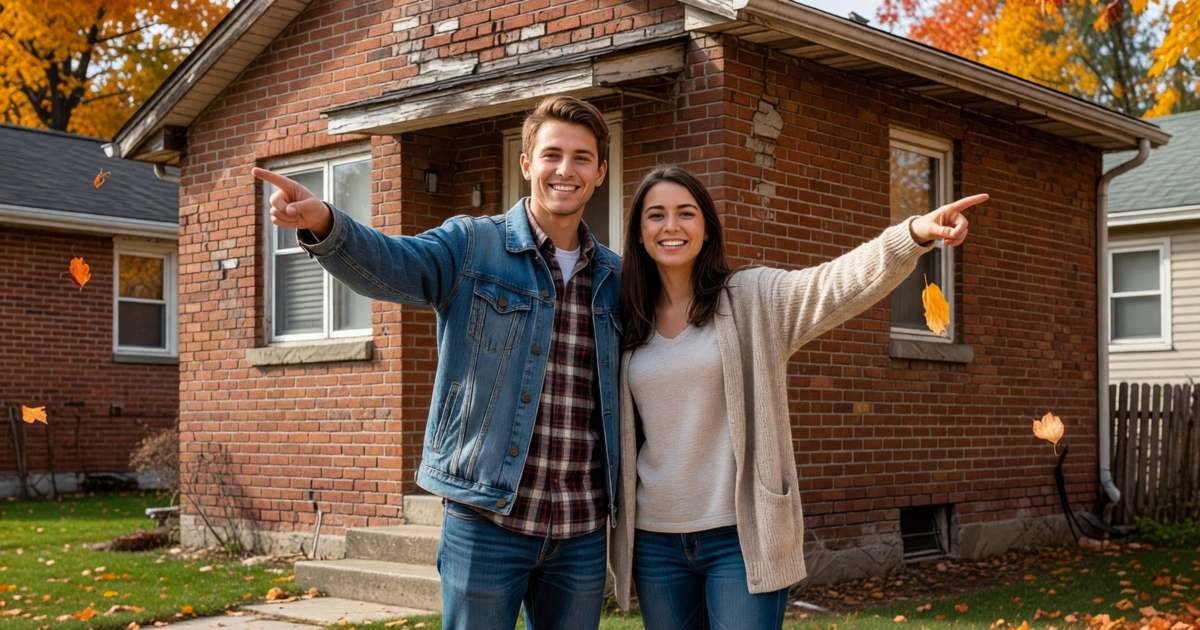 A young couple standing on the sidewalk in front of a small brick house, pointing at it and imagining owning it, illustrating FHSA carry-forward rules in Canada.