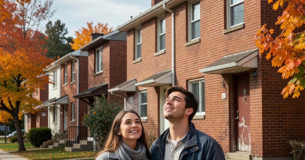 A young couple in their twenties standing on the sidewalk looking up at a small starter townhouse, illustrating using a First Home Savings Account to buy a first home in Canada.