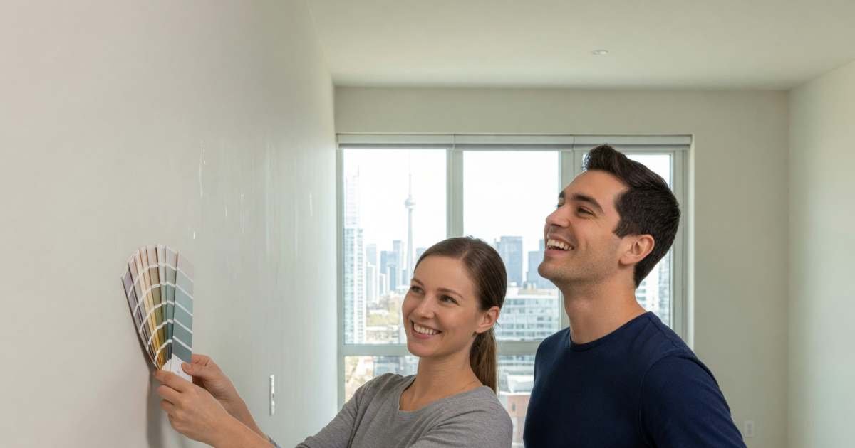 A young couple in an empty new condo unit, the woman holding paint swatches against the wall and the man laughing, illustrating recycling your FHSA tax refund toward a down payment.