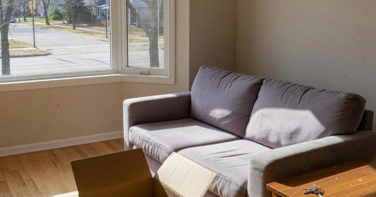 A cozy starter home living room with an open moving box, a new sofa and keys on a side table, illustrating FHSA vs TFSA for a first home in Canada.