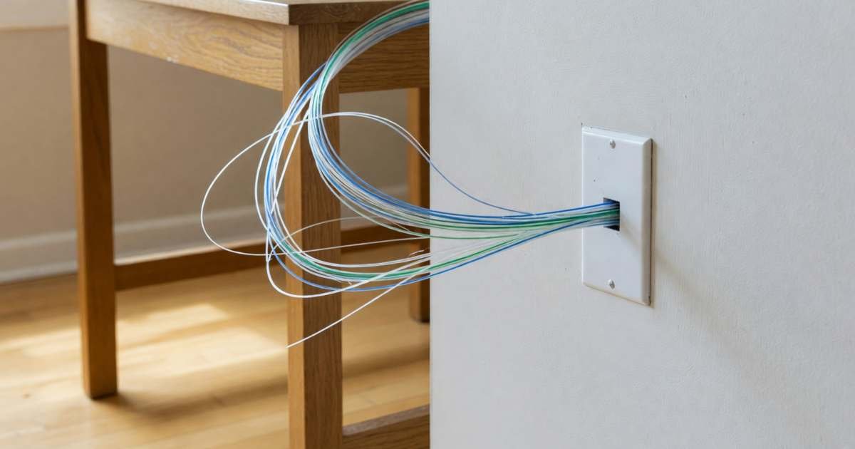A bundle of thin fibre-optic cables entering a white wall plate behind a desk, illustrating fibre versus cable internet in Canada.