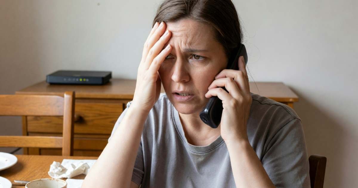 A frustrated woman on the phone at her dining table, rubbing her forehead, illustrating filing a CCTS complaint about your internet provider.