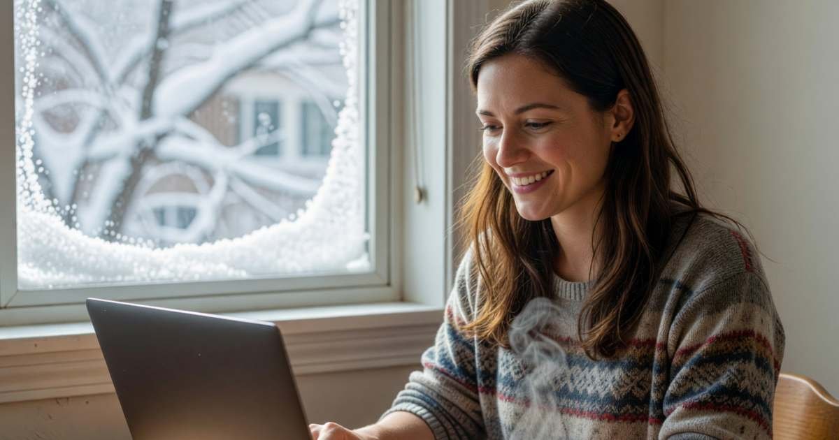 A woman in her thirties at a small home desk closing her laptop with a relieved smile, a mug of tea beside it, illustrating filing Canadian taxes early for a faster refund.
